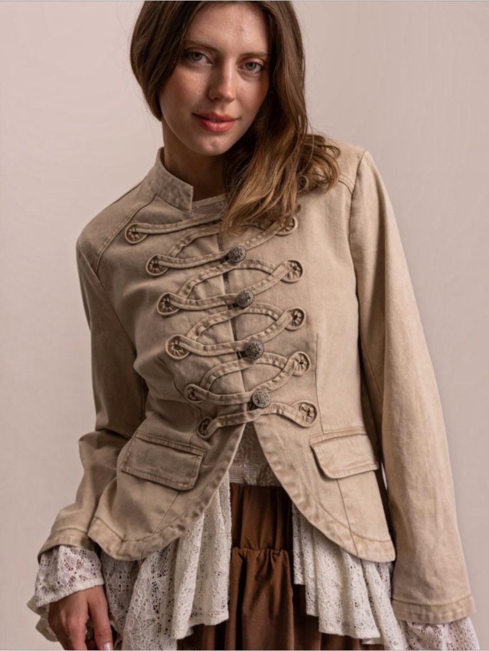 Bluevelvet Beige Braided Ruffle Military Jacket | Lace Boho Button Front